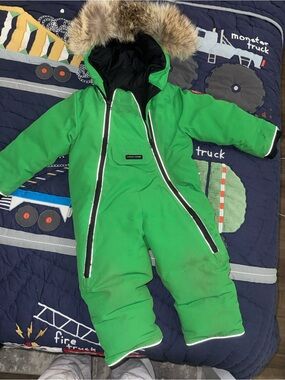 Canada Goose Kids Green One-Piece Snowsuit with Fur Trim